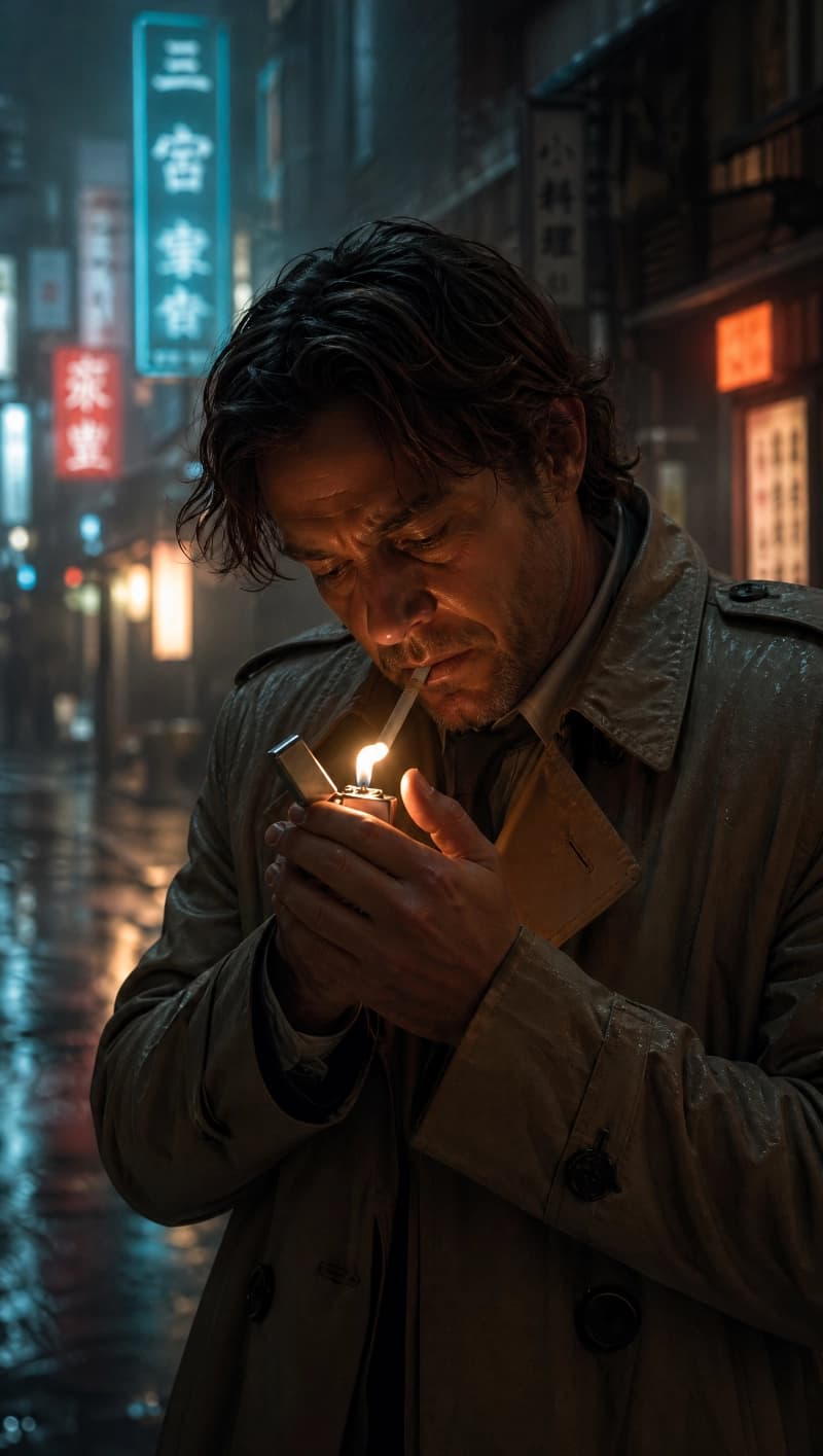 Cinematic AI Video Prompt - Narrative Film Cinematic narrative film prompt example for AI video generation featuring a detective lighting a cigarette